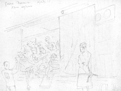 The drawing was done by Belgiojoso after liberation and shows the unloading of a carriage transporting female prisoners. The female warden on the left side of the picture probably belongs to the transport guard. From February 1945 onward, transports from the abandoned eastern camps, in particular from Auschwitz, brought Jewish prisoners, including a large number of Hungarians, to Gusen. The trip took several weeks and many of the prisoners died on the way. Their bodies were either thrown out of the train during the journey or cremated upon arrival. Many of the deportees were so weakened by their ordeal that they died soon after their arrival, or were selected to be killed. (A.N.E.D., Milan)