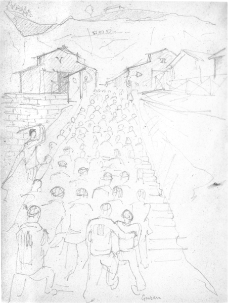 Häftlinge auf dem Weg zur ihren Arbeitskommandos. In den abgebildeten Hallen V und VI wurde für die SDP gefertigt. Zeichnung von Lodovico Barbiano di Belgiojoso, o. J. (A.N.E.D., Mailand)