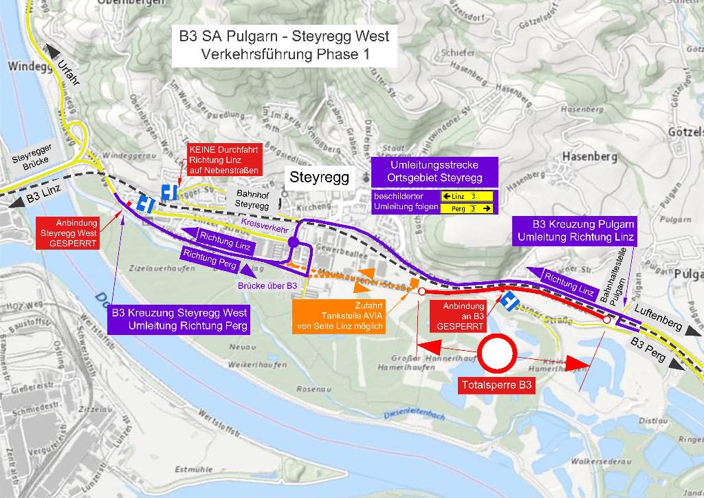 Information: Teilweise Sperre der Bundesstraße 3 zwischen Linz und Gusen bis 19.6.2026
