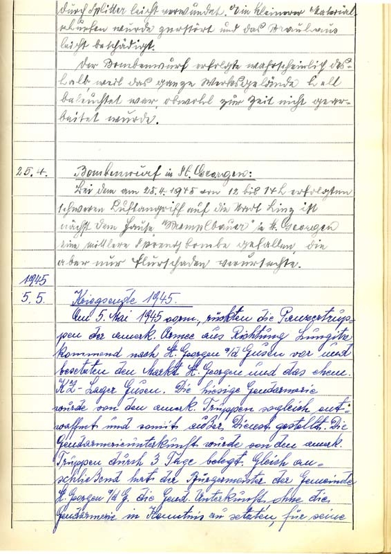 Auszug aus der Chronik des Gendarmeriepostens St. Georgen an der Gusen betreffend Vorfälle am 5. Mai 1945, Seite 1 