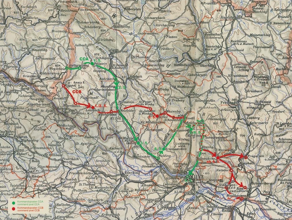 Vormarschroute der Kampfkommandos A und B der 11th Armored Division zwischen dem 1. und 6. Mail 1945. (Grafik: Ralf Lechner)