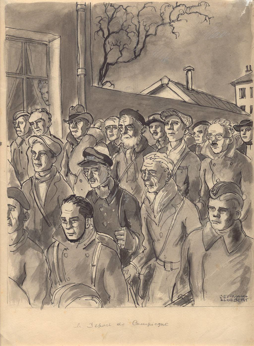 "Der Abtransport aus Compiègne“; Zeichnung des französischen Überlebenden Bernard Aldebert, 1945/46. (KZ-Gedenkstätte Mauthausen / Sammlungen)