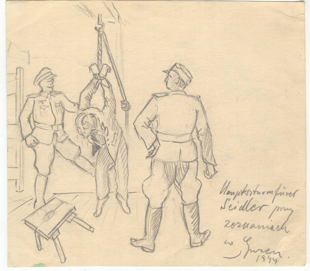 Der Lagerführer Hauptsturmführer Seidler beim Verhör in Gusen, 1944. Zeichnung Stanisław Walczak. (KZ-Gedenkstätte Mauthausen / Sammlungen)