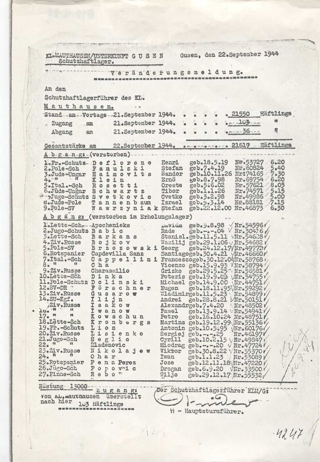 Veränderungsmeldung mit Überstellungen in die Vernichtungsanstalt Hartheim, Gusen 22. September 1944. „Verstorben im Erholungslager“ war eine Tarnbezeichnung für die Ermordung in Hartheim. (KZ-Gedenkstätte Mauthausen / Sammlungen)