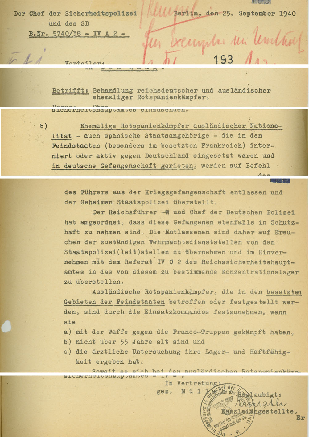 Rundschreiben des Chefs der Sicherheitspolizei und des SD vom 25. September 1940 betreffend die Behandlung ausländischer und reichsdeutscher ehemaliger Spanienkämpfer. Die mit diesem Schreiben ergangene Verordnung lieferte die Grundlage für die massenhaften Deportationen ehemaliger Angehöriger der Republikanischen Armee in die Konzentrationslager. (Bundesarchiv, Koblenz, R 58/26)